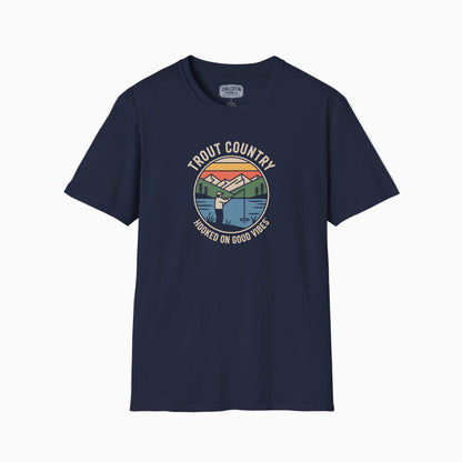 Navy blue t-shirt with 'Trout Country' graphic design on a white background