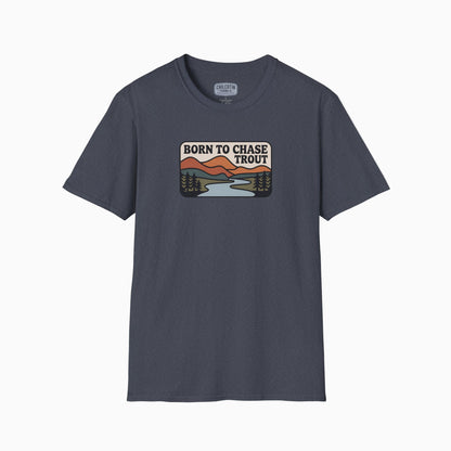 Gray t-shirt with 'Born to Chase Trout' graphic on a white background