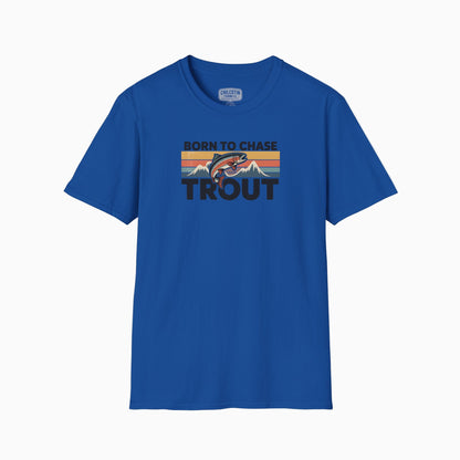 Blue t-shirt with 'Born to Chase Trout' graphic on a white background