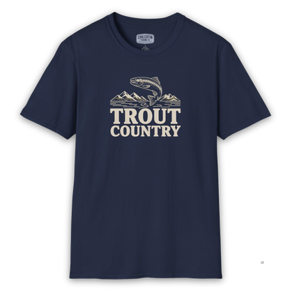Navy blue t-shirt with 'Trout Country' graphic on a white background