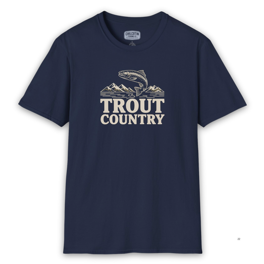 Navy blue t-shirt with 'Trout Country' graphic on a white background