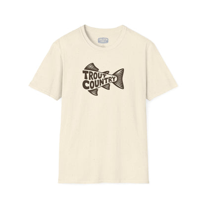 Beige t-shirt with 'Trout Country' graphic on a white background