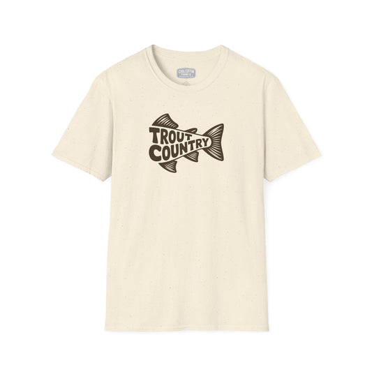 Beige t-shirt with 'Trout Country' graphic on a white background