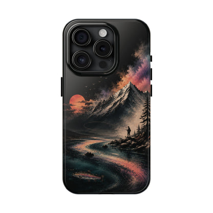 Tough Phone Case — Cosmic Mountain Landscape with Sunset Hiker