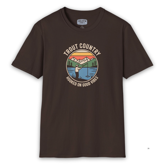 Brown t-shirt with 'Trout Country' graphic design on a white background