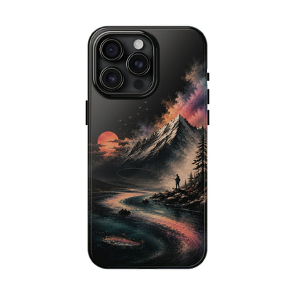 Tough Phone Case — Cosmic Mountain Landscape with Sunset Hiker