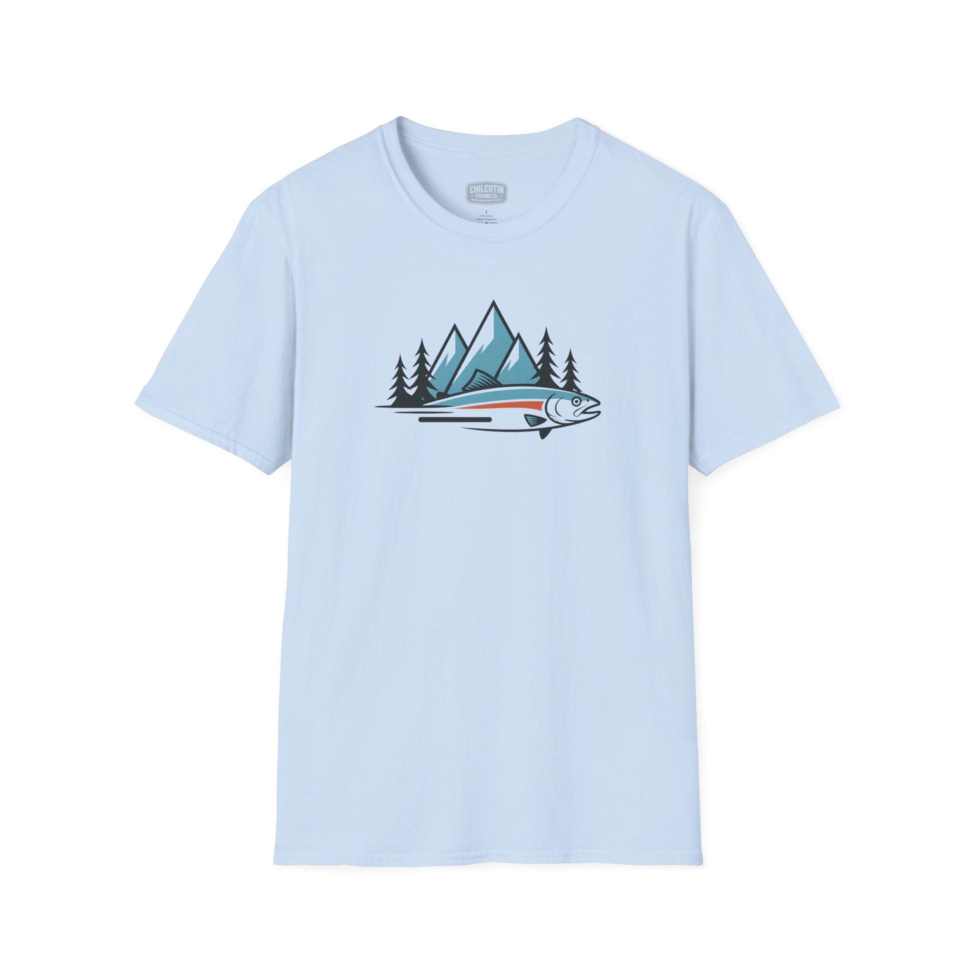 Light blue t-shirt with a graphic of a fish and mountains on a white background