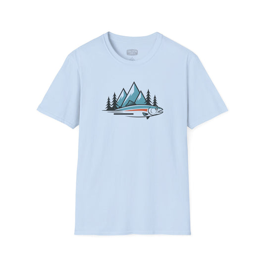 Light blue t-shirt with a graphic of a fish and mountains on a white background
