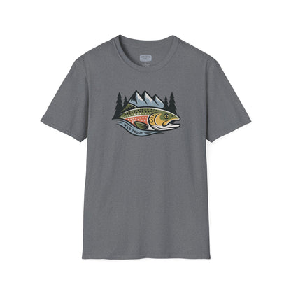 Gray t-shirt with a fish and mountain graphic on a white background