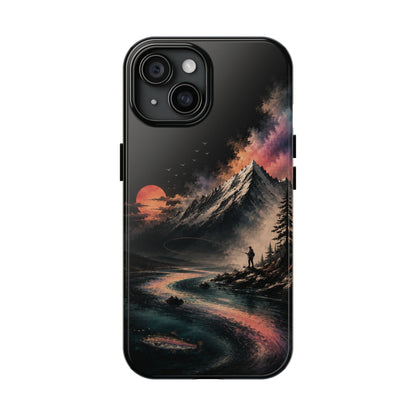 Tough Phone Case — Cosmic Mountain Landscape with Sunset Hiker
