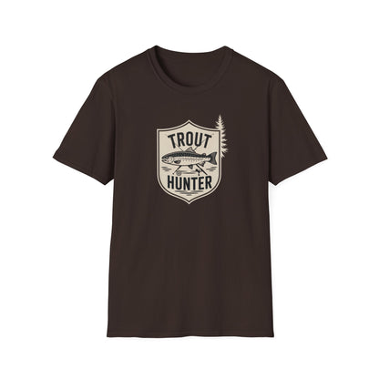 Brown t-shirt with 'Trout Hunter' graphic on a white background