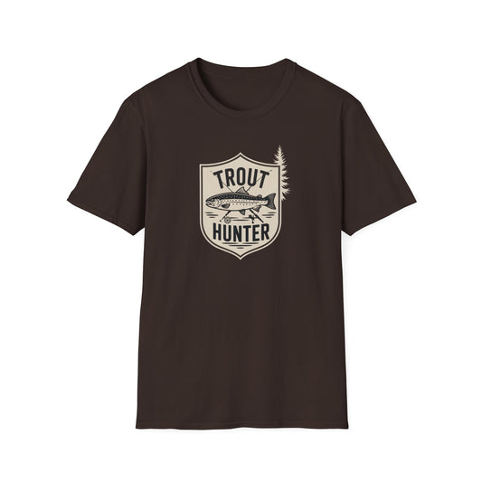 Brown t-shirt with 'Trout Hunter' graphic on a white background