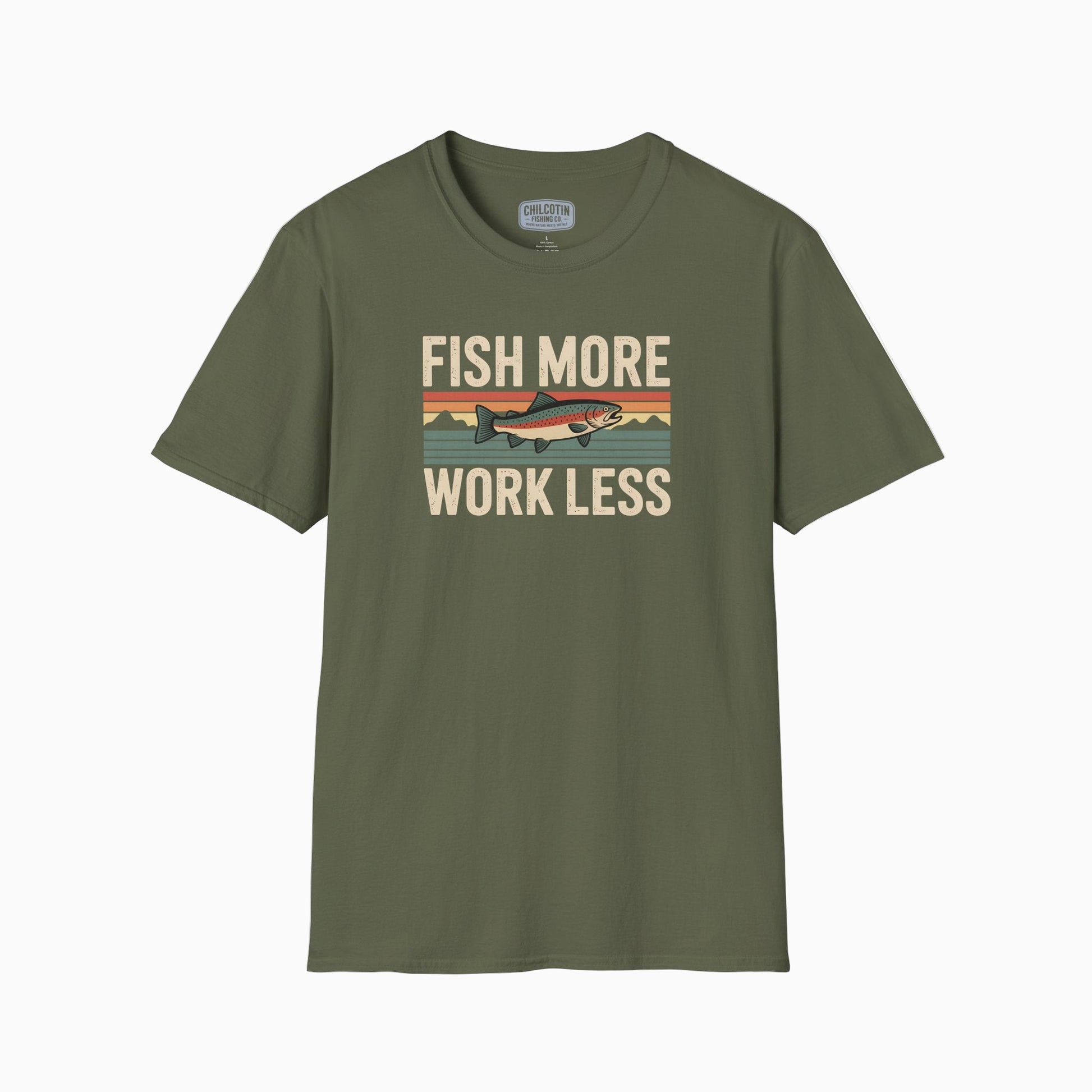 Green t-shirt with 'Fish More Work Less' graphic on a white background
