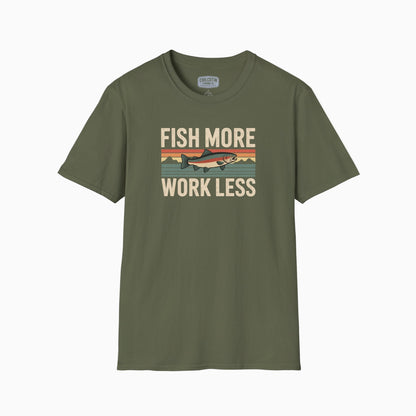 Green t-shirt with 'Fish More Work Less' graphic on a white background