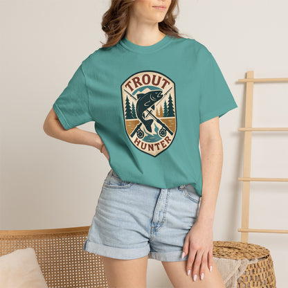 Trout Hunter T-Shirt — Vintage Fishing Badge Tee for Anglers