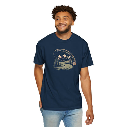 Adventure Road T-Shirt — Scenic Mountains & Trees Design (Home, Love, Adventure)
