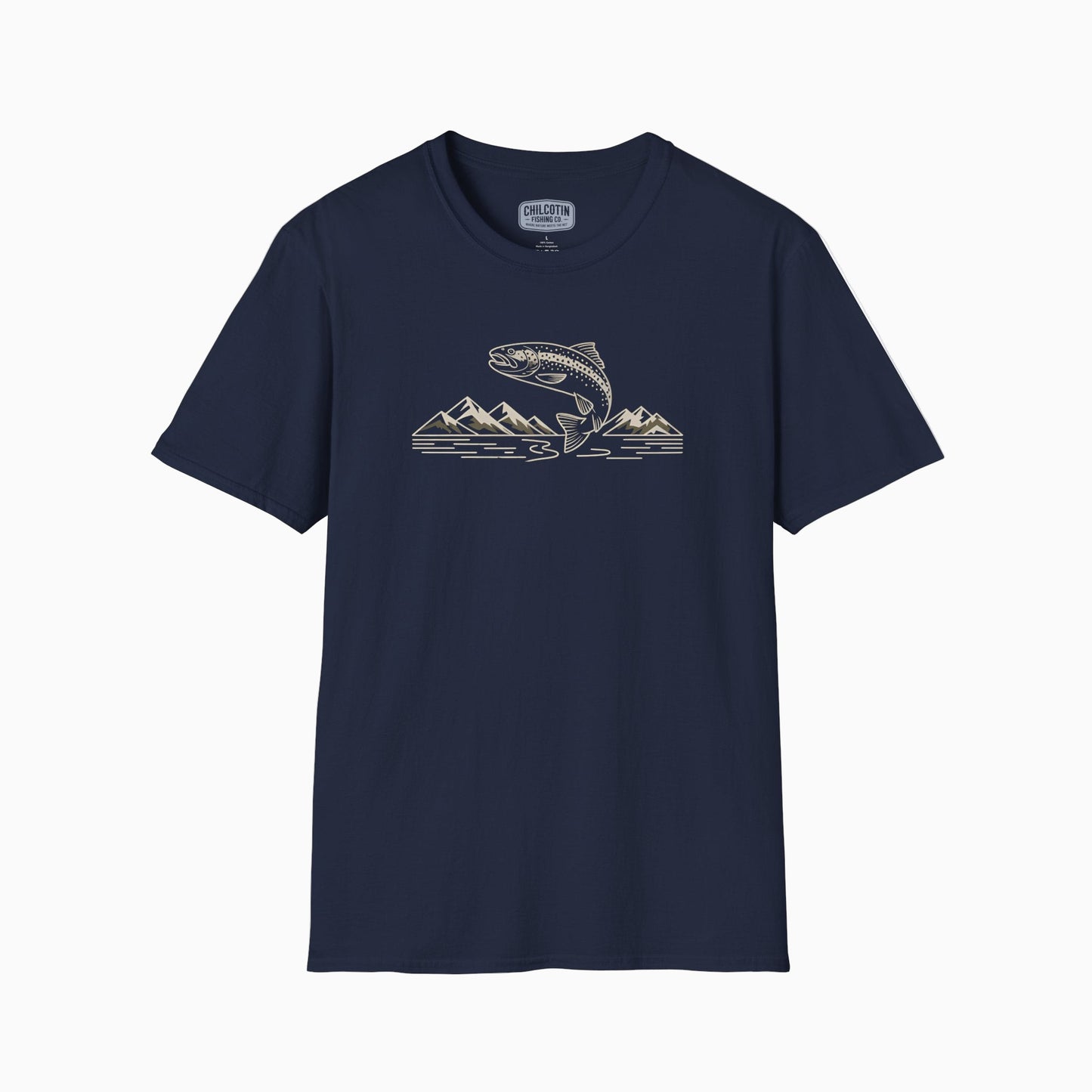 Navy blue t-shirt with graphic design on a white background