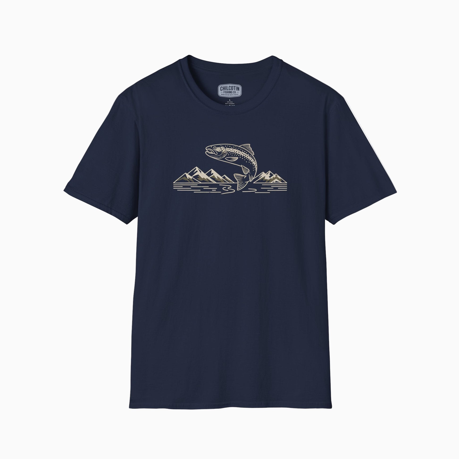 Navy blue t-shirt with graphic design on a white background