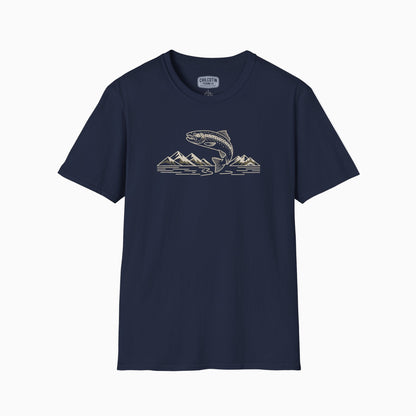 Navy blue t-shirt with graphic design on a white background