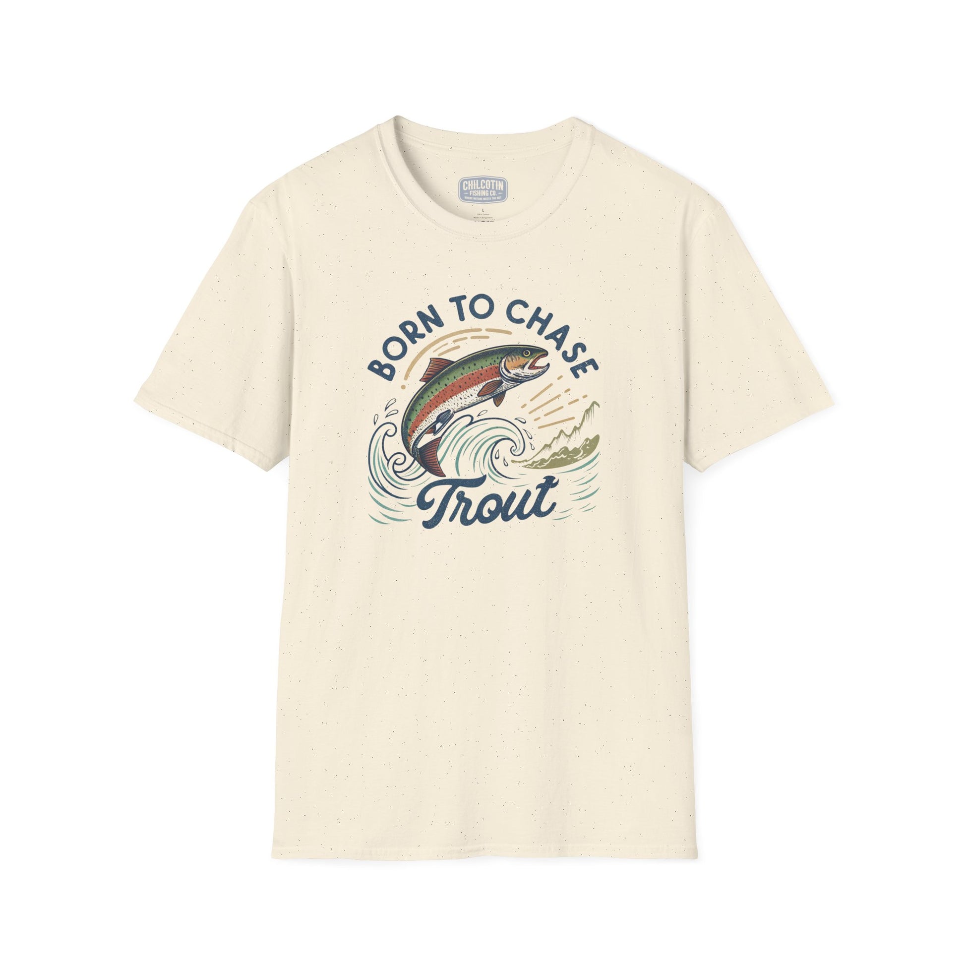 Beige t-shirt with a graphic of a fish and text 'Born to Chase Trout' on a white background