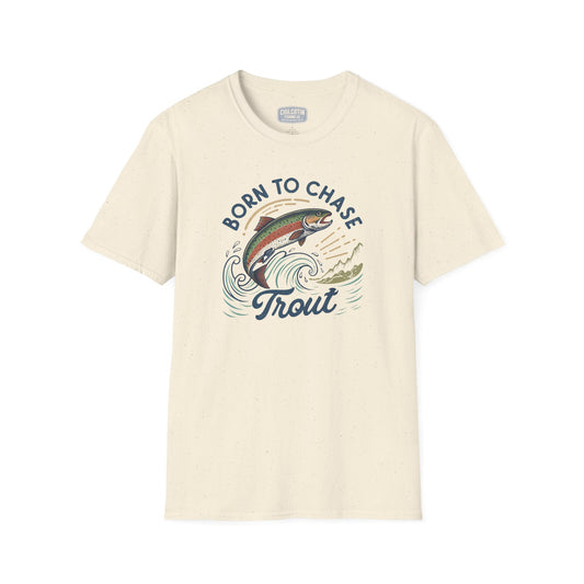 Beige t-shirt with a graphic of a fish and text 'Born to Chase Trout' on a white background