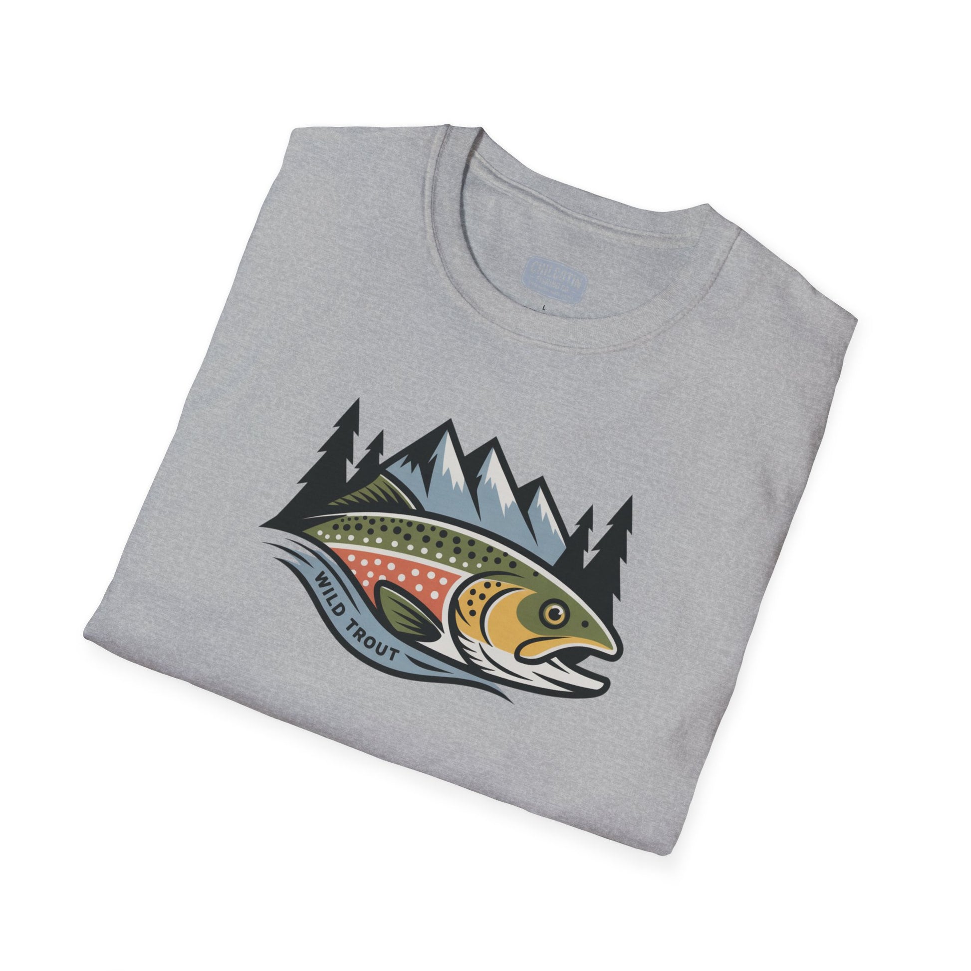 Folded gray t-shirt with a colorful fish and mountain design on a white background