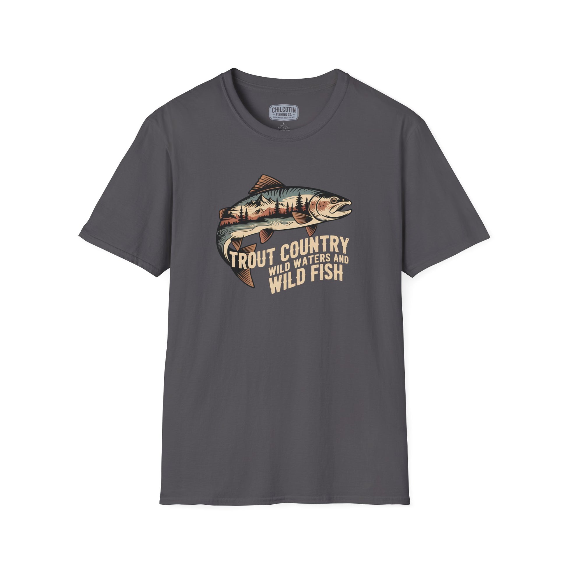 Gray t-shirt with a fish graphic and text on a white background