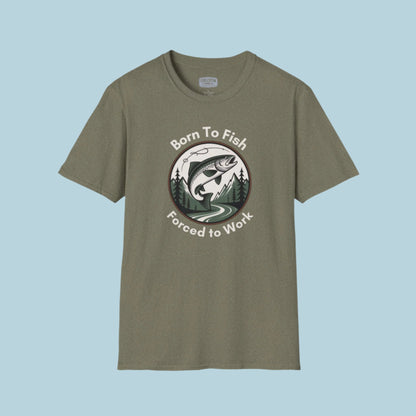 Green t-shirt with fishing graphic and text on a white background