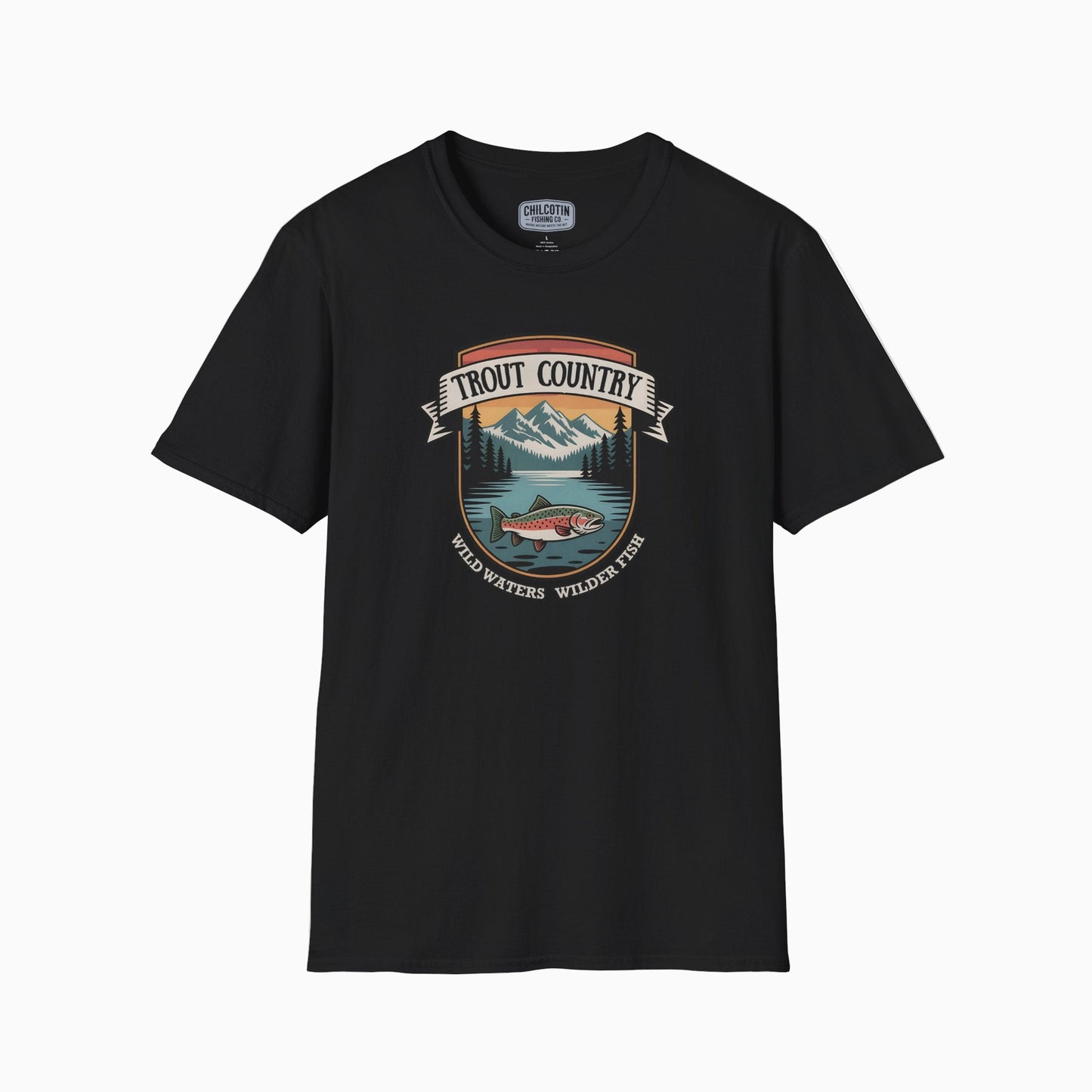 Black t-shirt with a graphic design of a mountain, lake, and fish on a white background