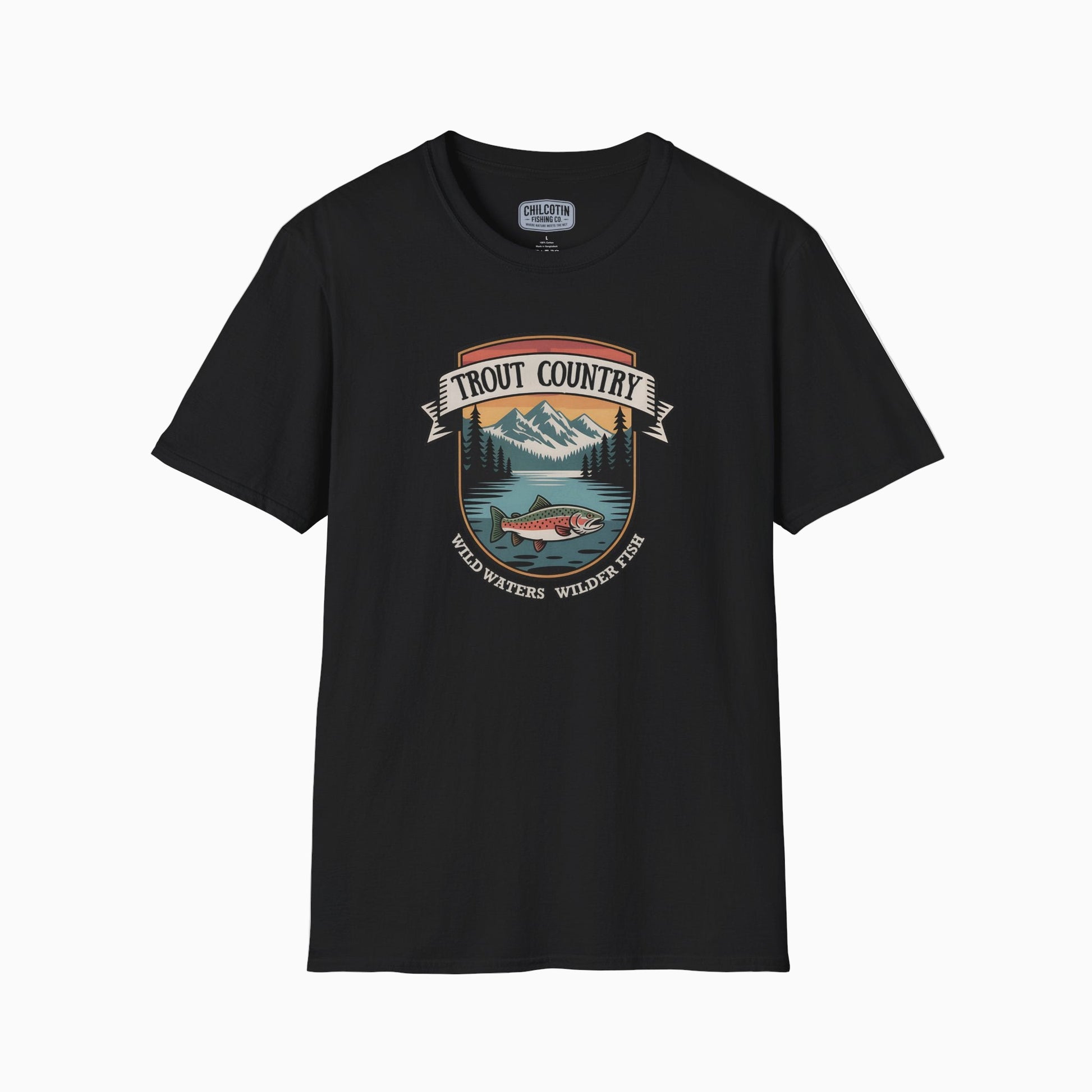 Black t-shirt with a graphic design of a mountain, lake, and fish on a white background