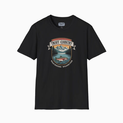 Black t-shirt with a graphic design of a mountain, lake, and fish on a white background
