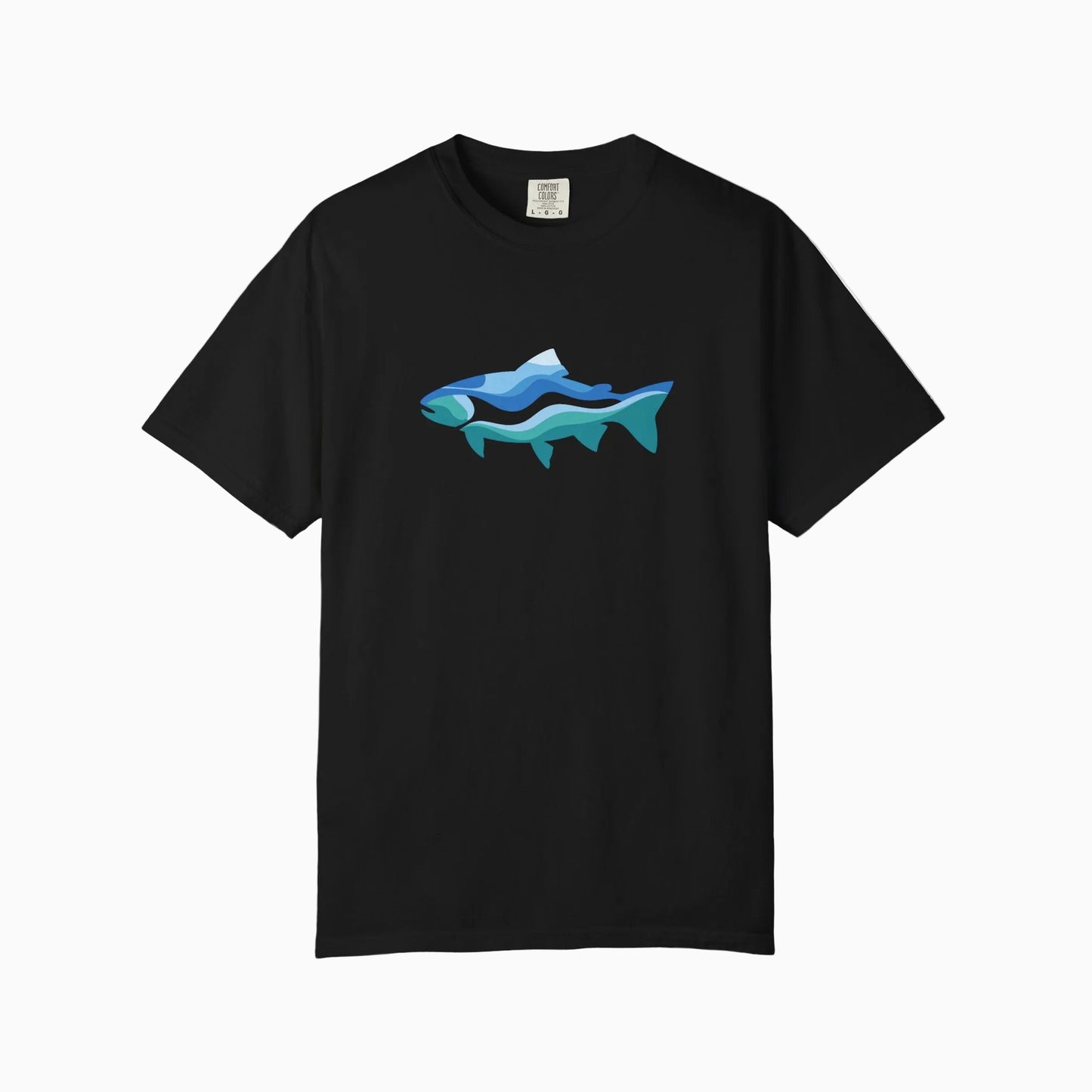 Black t-shirt with a blue and green graphic on a white background