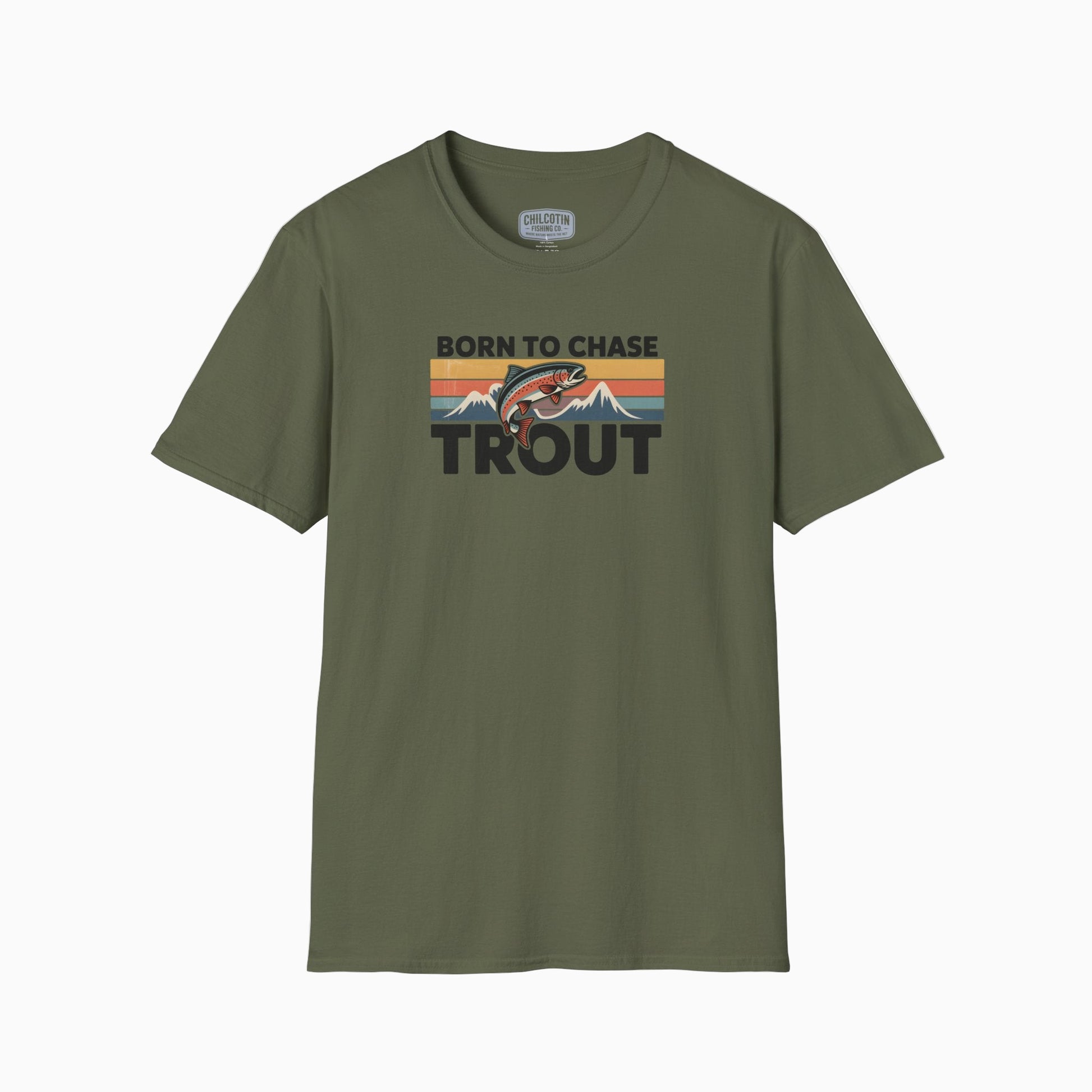 Green t-shirt with 'Born to Chase Trout' graphic on a white background