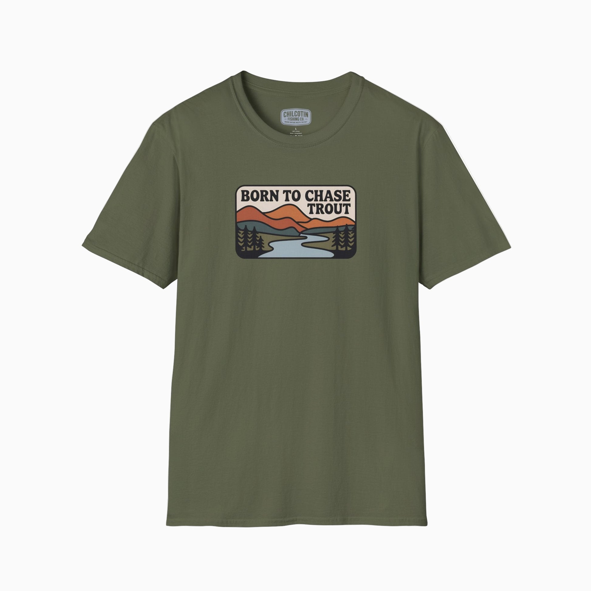 Green t-shirt with a graphic design on a white background