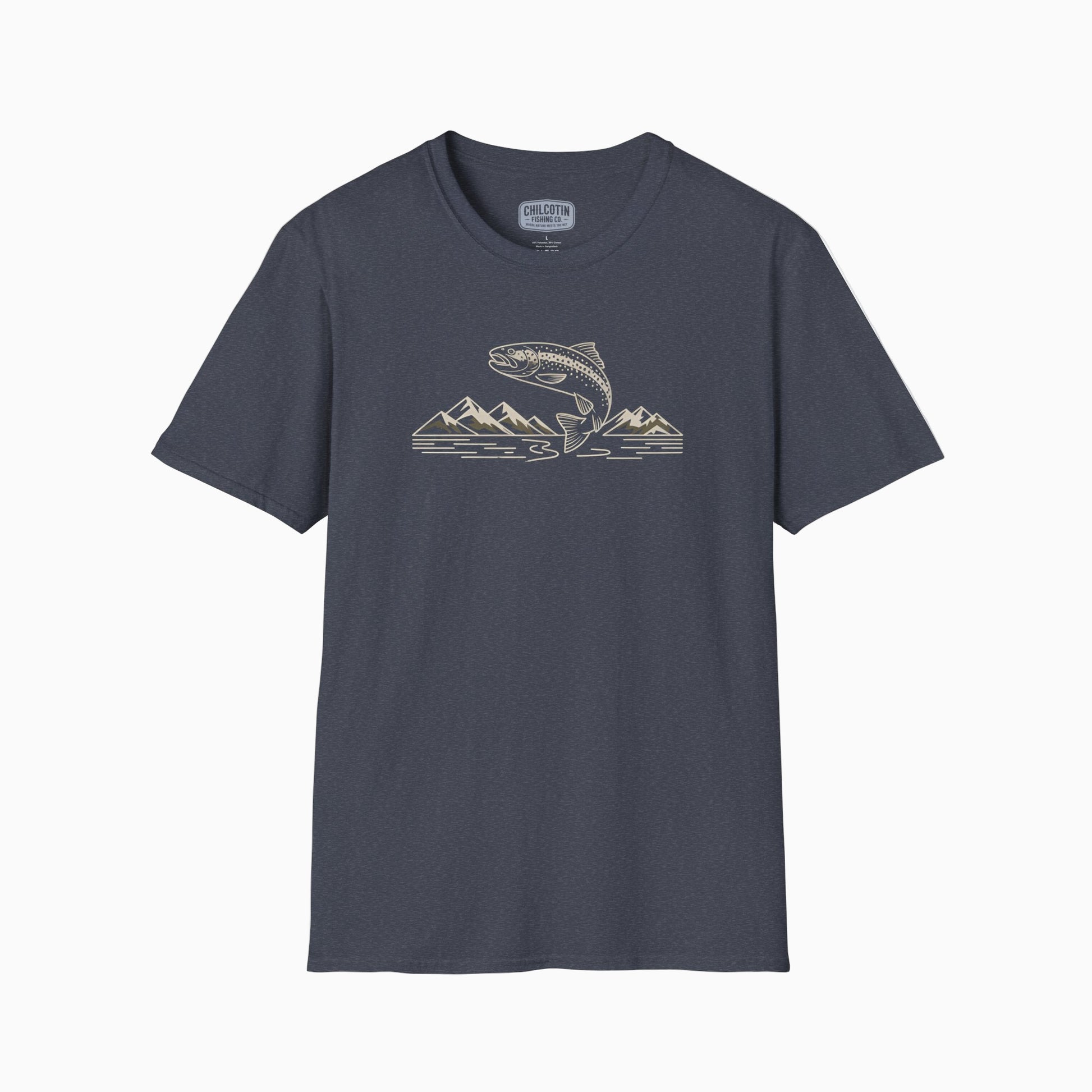 Gray t-shirt with a graphic design on a white background