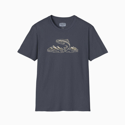 Gray t-shirt with a graphic design on a white background