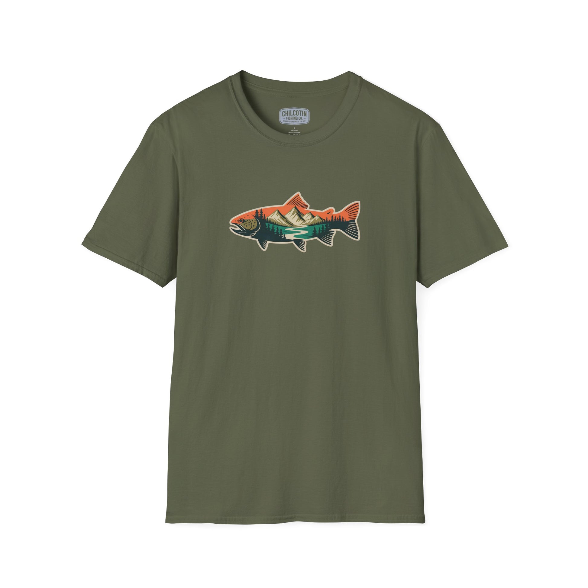 Green t-shirt with a fish graphic on a white background