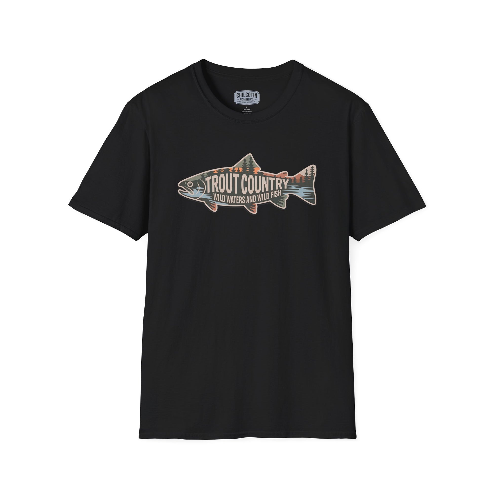 Black t-shirt with a fish graphic and 'Trout Country' text on a white background
