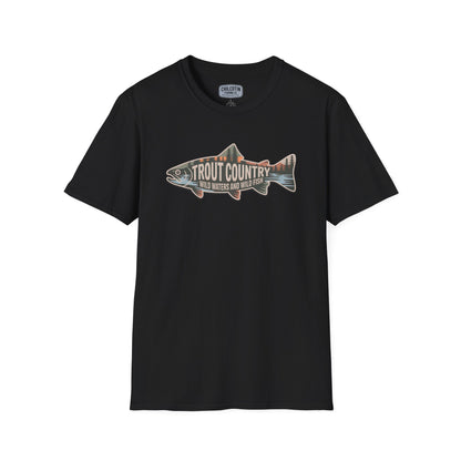 Black t-shirt with a fish graphic and 'Trout Country' text on a white background