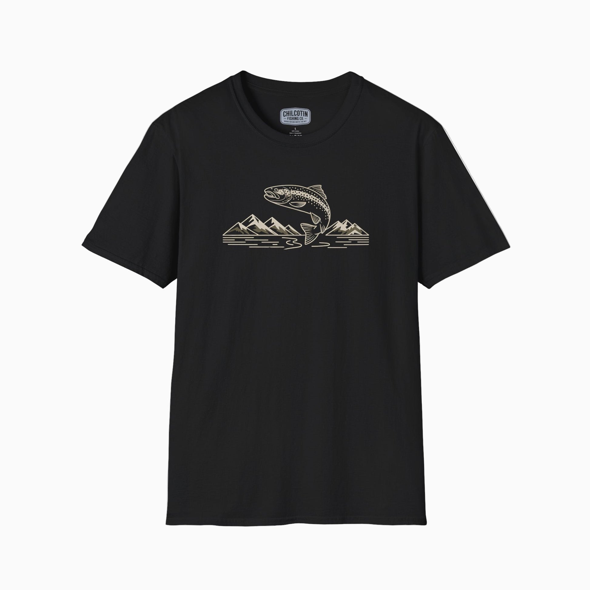 Black t-shirt with graphic design on a white background