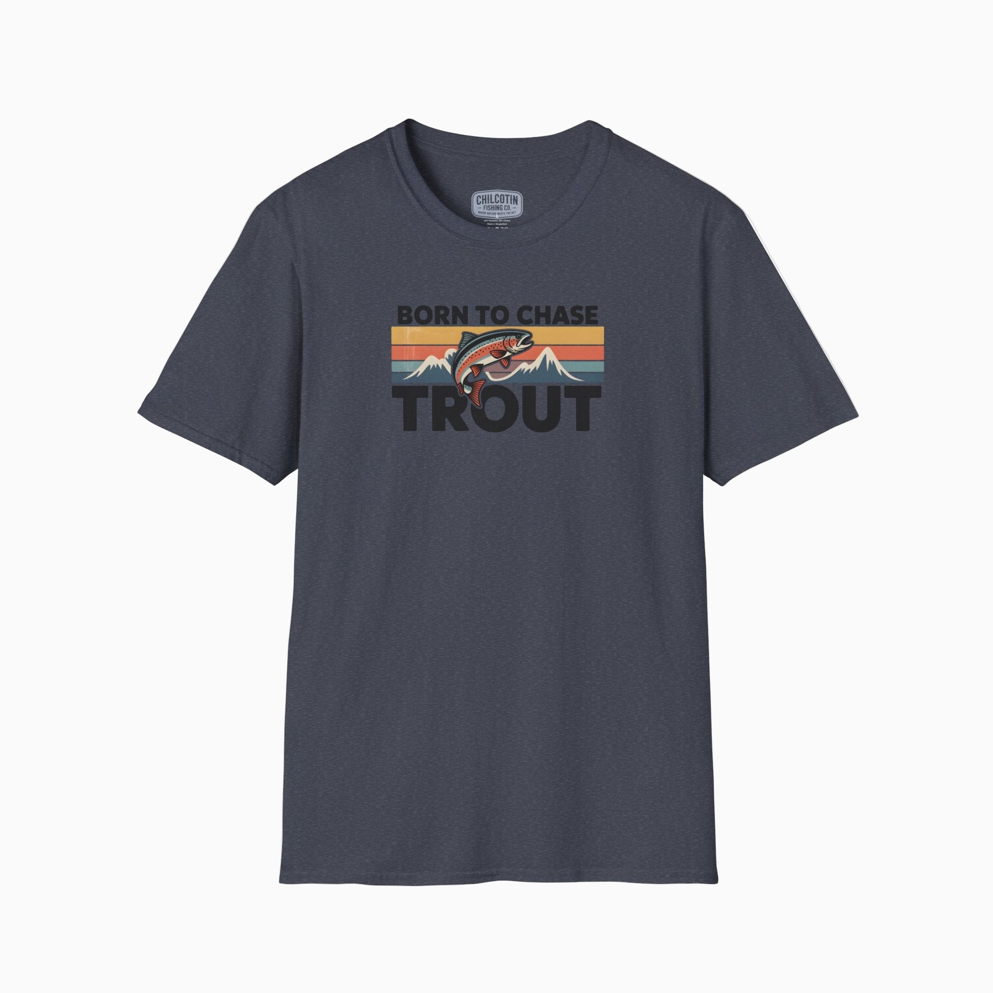 Gray t-shirt with 'Born to Chase Trout' graphic on a white background