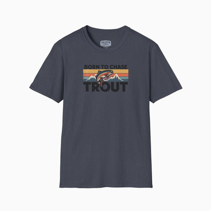 Gray t-shirt with 'Born to Chase Trout' graphic on a white background