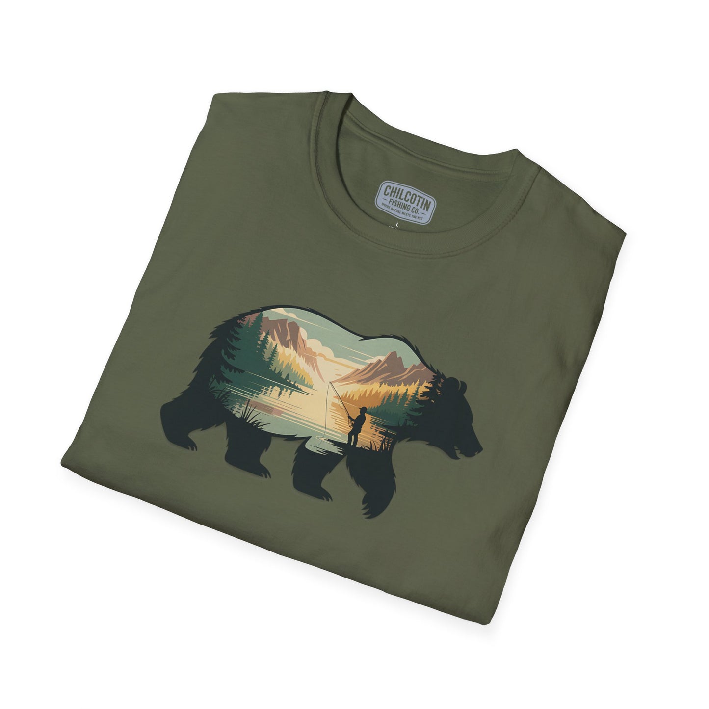 Grizzly Fall Scene Fishing T-Shirt | Rugged Outdoor Tee for Backcountry Anglers