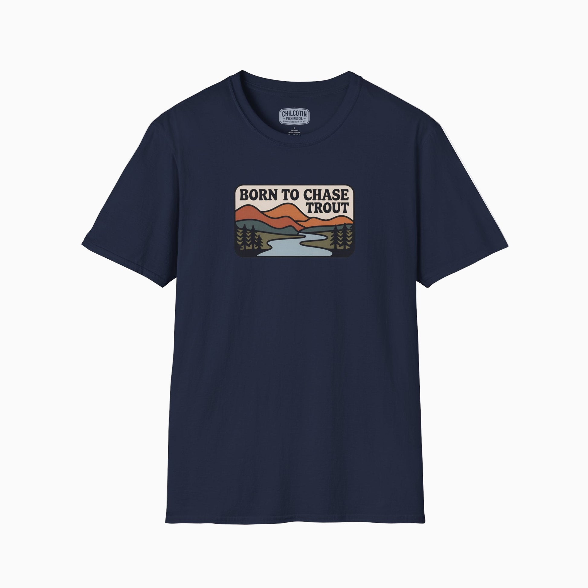 Navy blue t-shirt with a graphic design on a white background