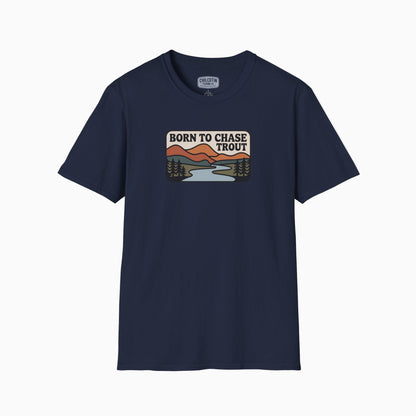 Navy blue t-shirt with a graphic design on a white background