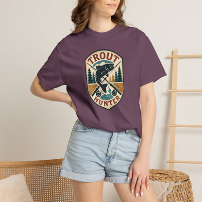 Trout Hunter T-Shirt — Vintage Fishing Badge Tee for Anglers