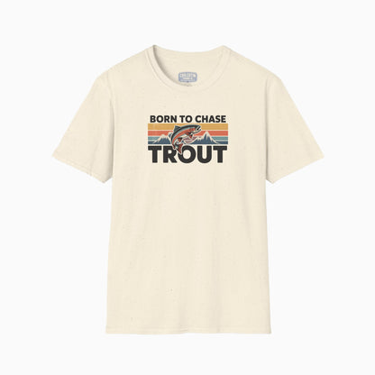 Beige t-shirt with 'Born to Chase Trout' graphic on a white background