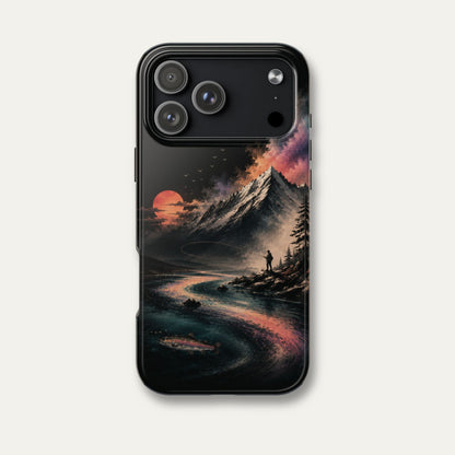 Tough Phone Case — Cosmic Mountain Landscape with Sunset Hiker