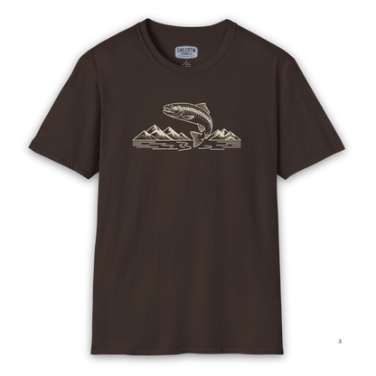 Trout and Mountain Outline Fishing Tee