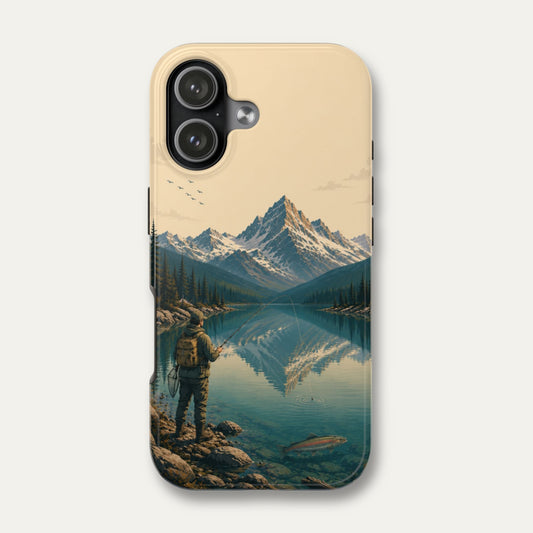 Alpine Waters fly fishing phone case with an angler, trout and mountain lake artwork